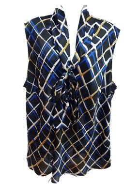 Nine West Black Blue Gold Geometric Tie-Neck Sleeveless Blouse, 3X